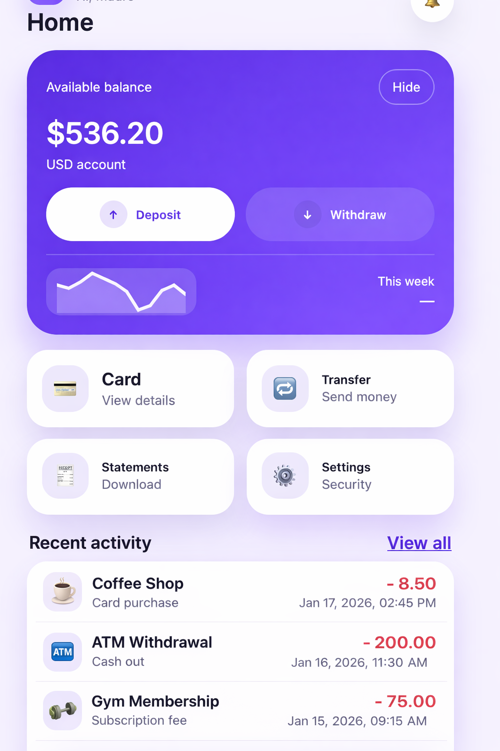 Vista principal de la billetera